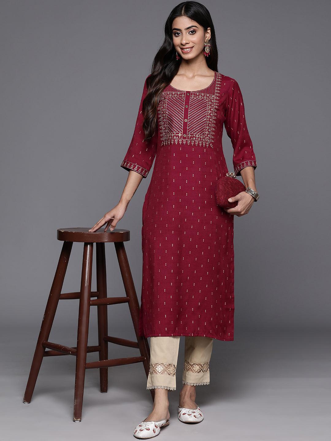 Maroon Printed Rayon Straight Kurta - ShopLibas