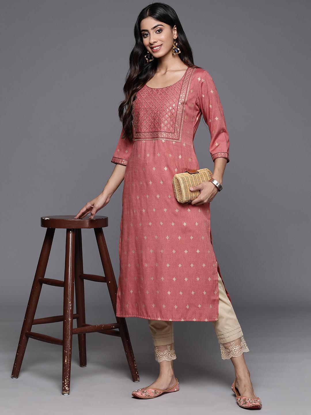 Dusty Pink Printed Rayon Straight Kurta - ShopLibas