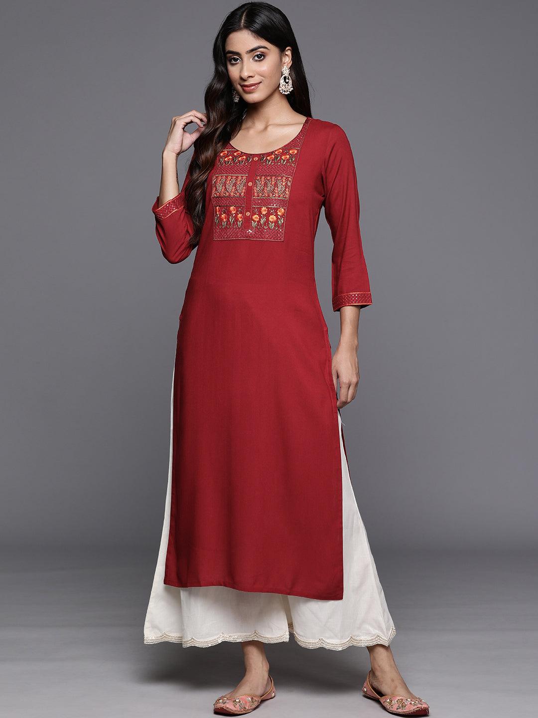 Red Yoke Design Rayon Straight Kurta - ShopLibas