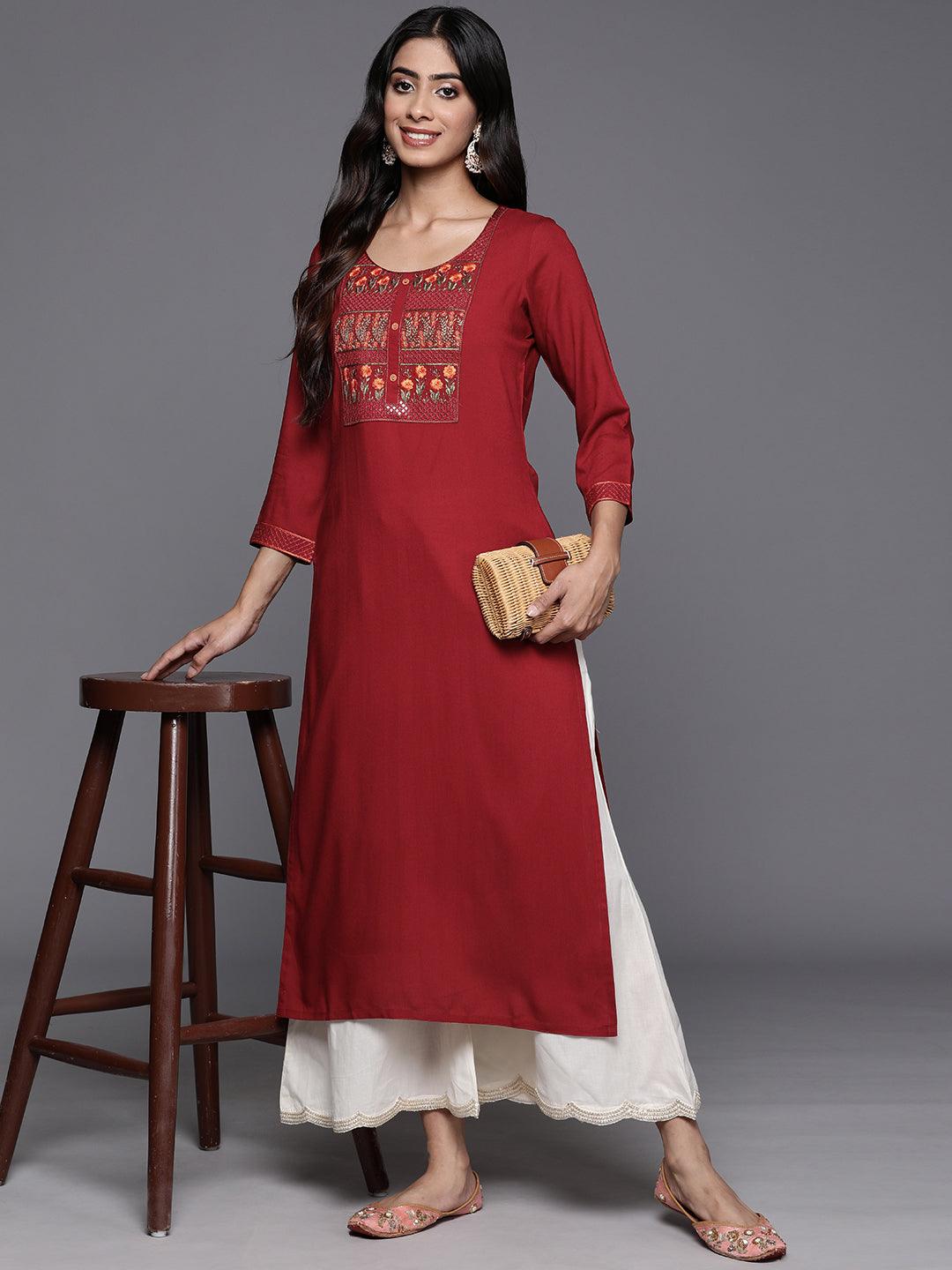Red Yoke Design Rayon Straight Kurta - ShopLibas 