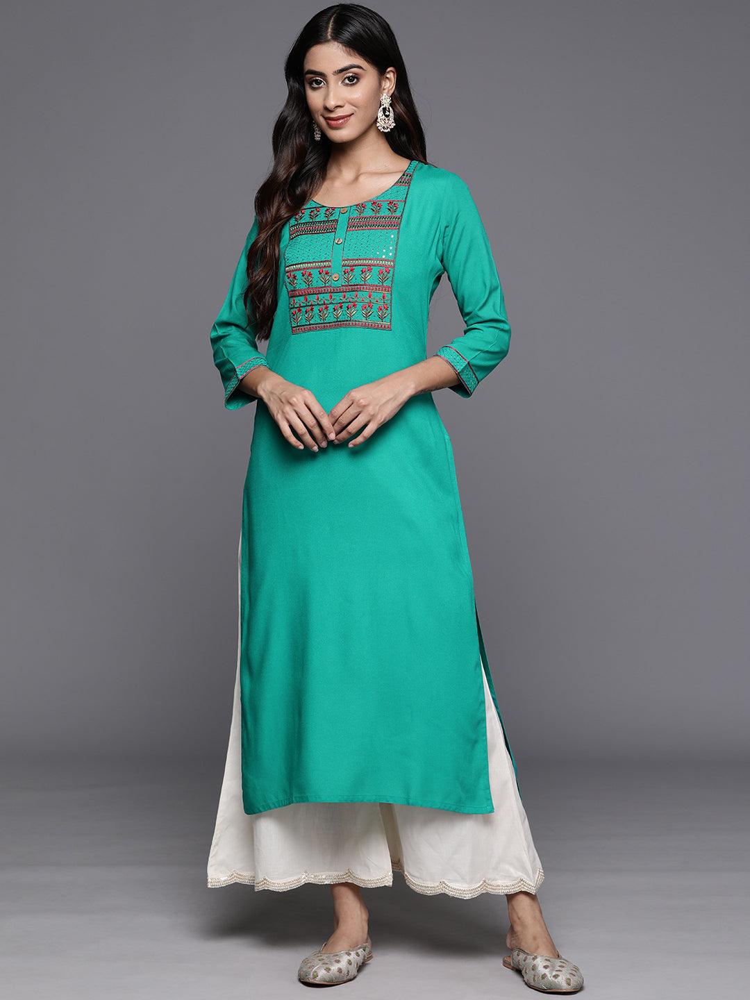 Rama Green Yoke Design Rayon Straight Kurta - ShopLibas