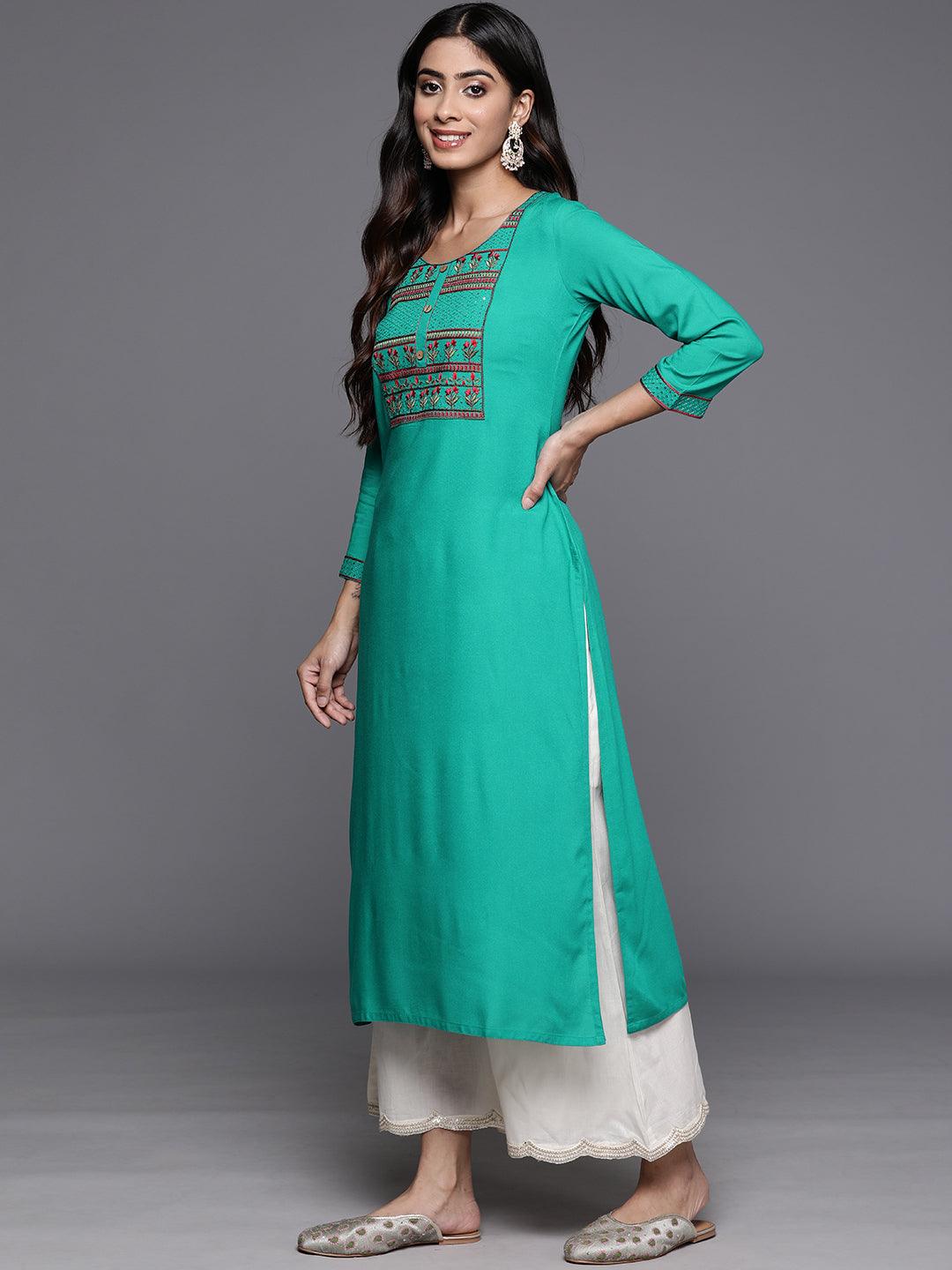 Rama Green Yoke Design Rayon Straight Kurta - ShopLibas 