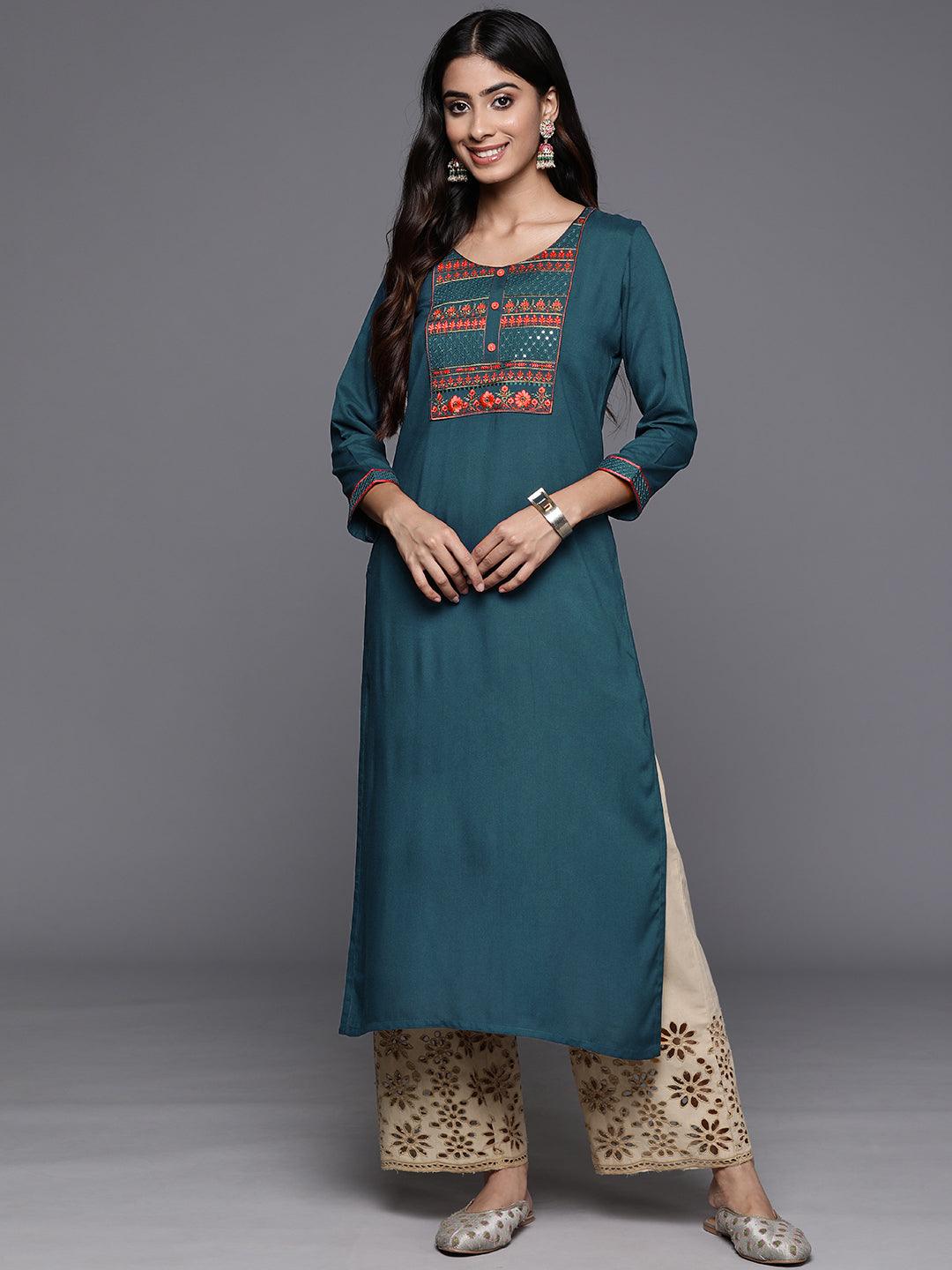 Teal Yoke Design Rayon Straight Kurta - ShopLibas 