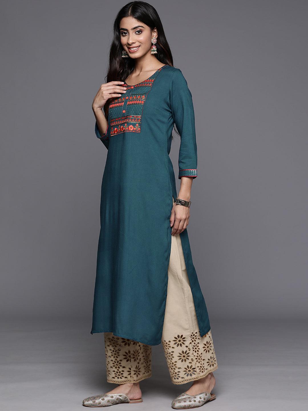 Teal Yoke Design Rayon Straight Kurta - ShopLibas 