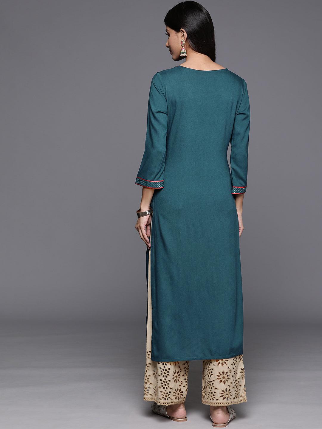 Teal Yoke Design Rayon Straight Kurta - ShopLibas 