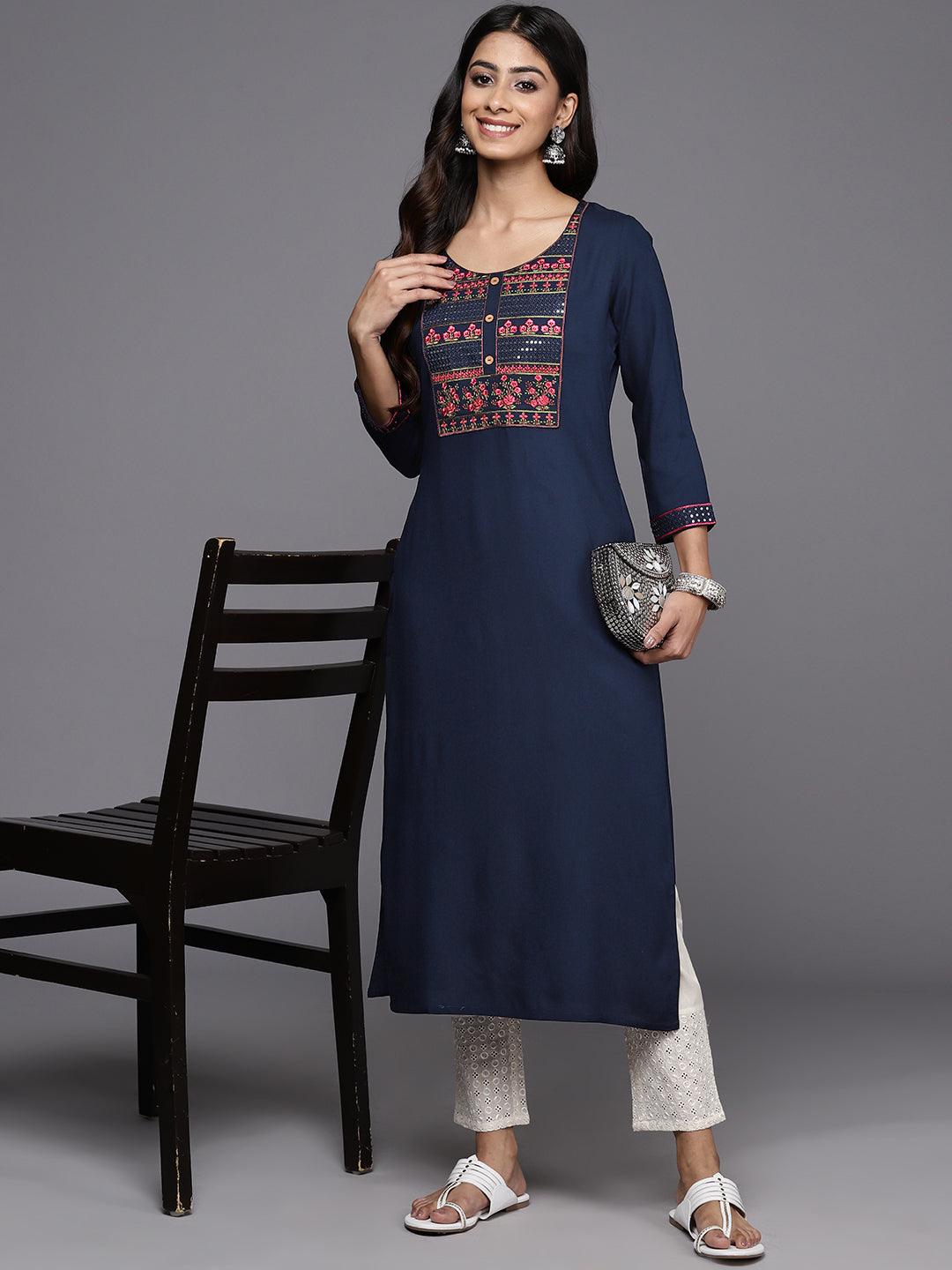 Navy Yoke Design Rayon Straight Kurta - ShopLibas