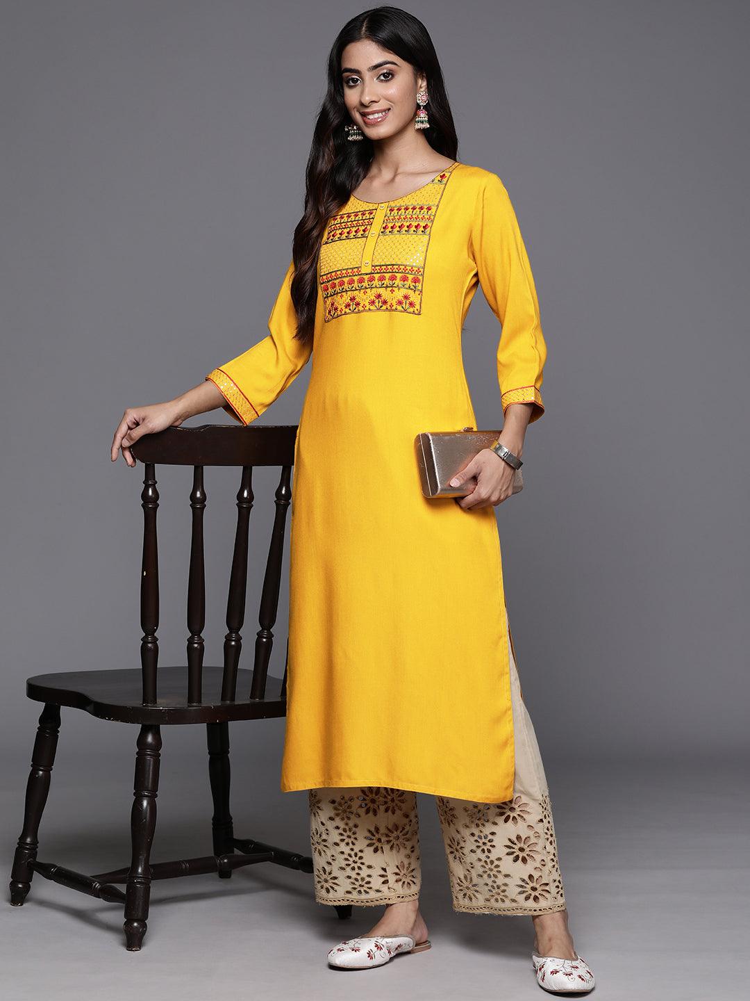 Yellow Yoke Design Rayon Straight Kurta - ShopLibas