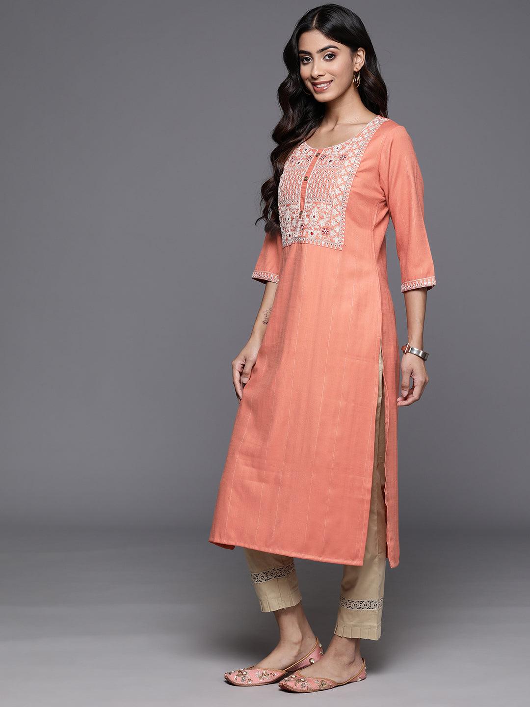 Orange Yoke Design Rayon Straight Kurta - ShopLibas 
