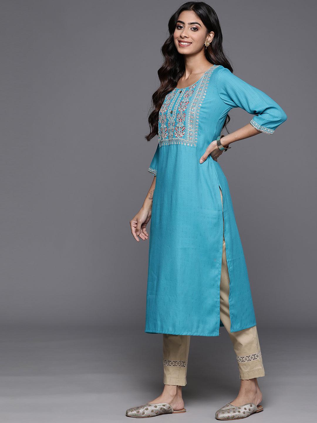 Blue Yoke Design Rayon Straight Kurta - ShopLibas 