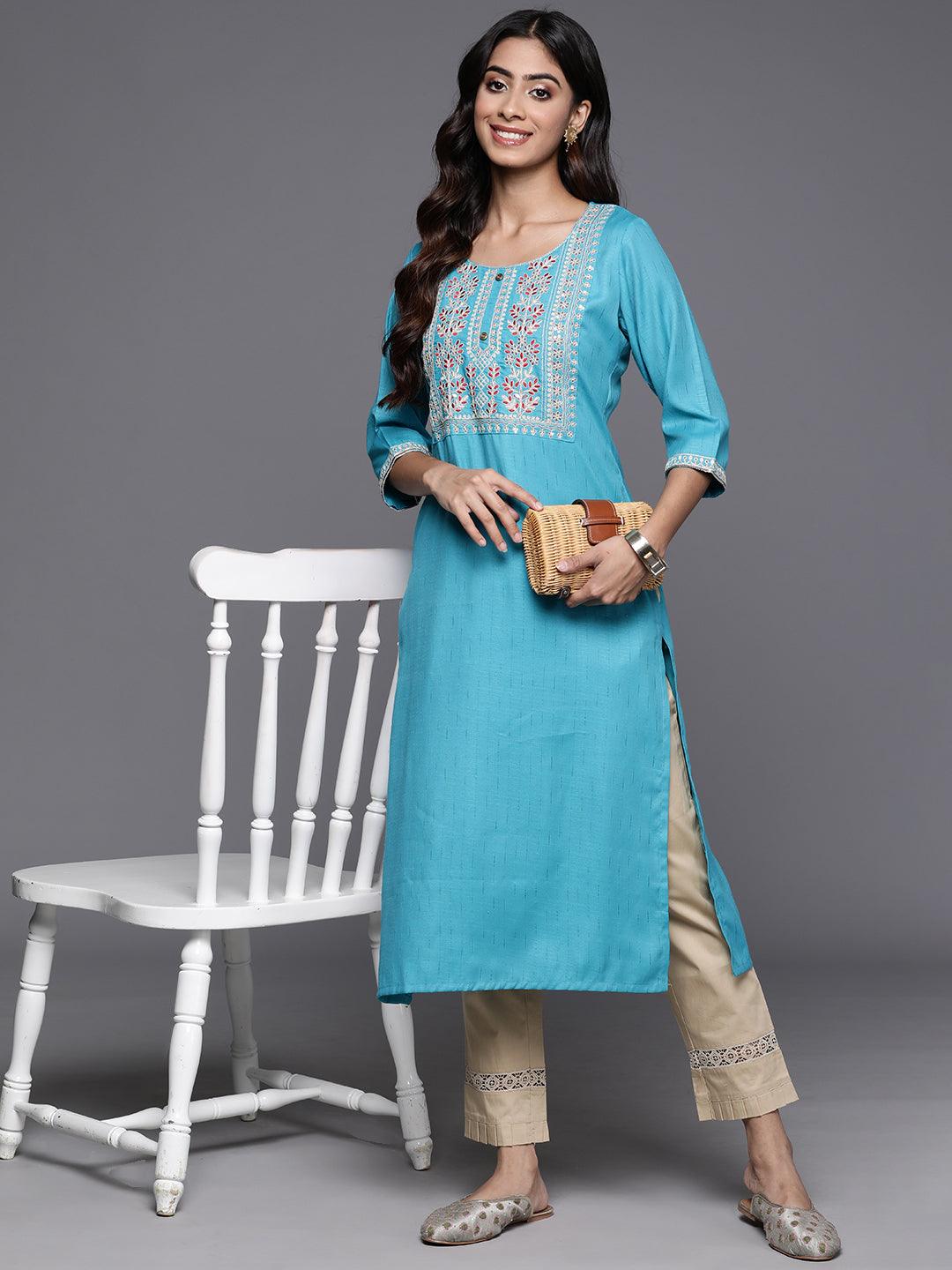 Blue Yoke Design Rayon Straight Kurta - ShopLibas