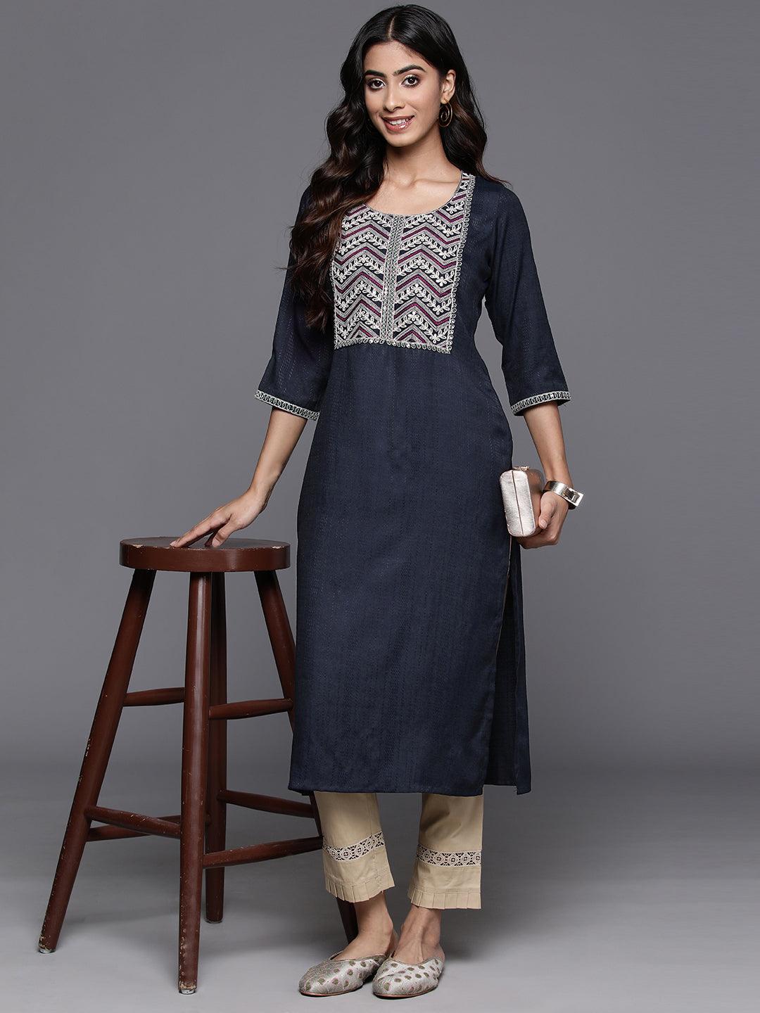 Navy Yoke Design Rayon Straight Kurta - ShopLibas