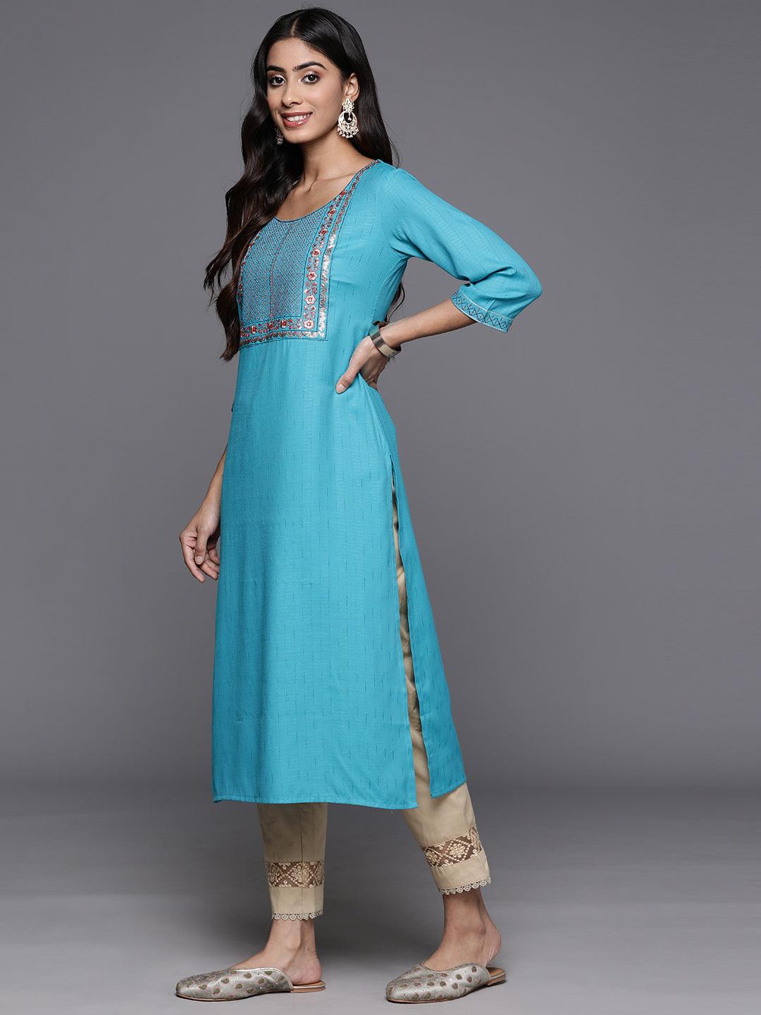 Blue Yoke Design Rayon Straight Kurta - ShopLibas 