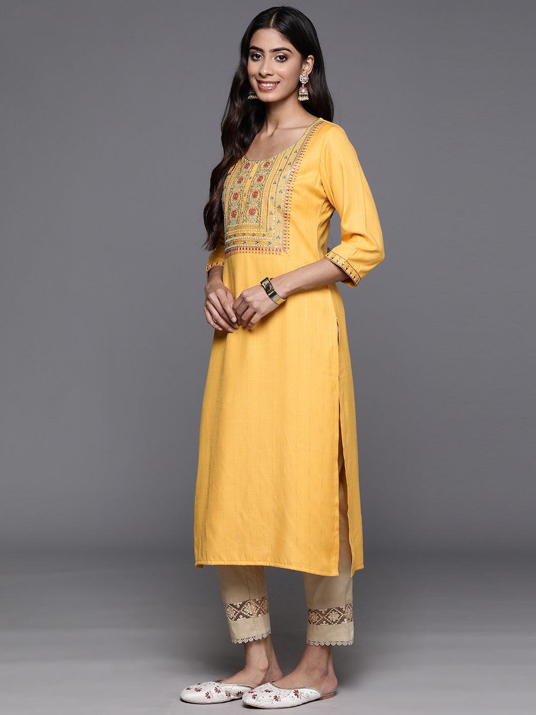 Yellow Yoke Design Rayon Straight Kurta - ShopLibas 