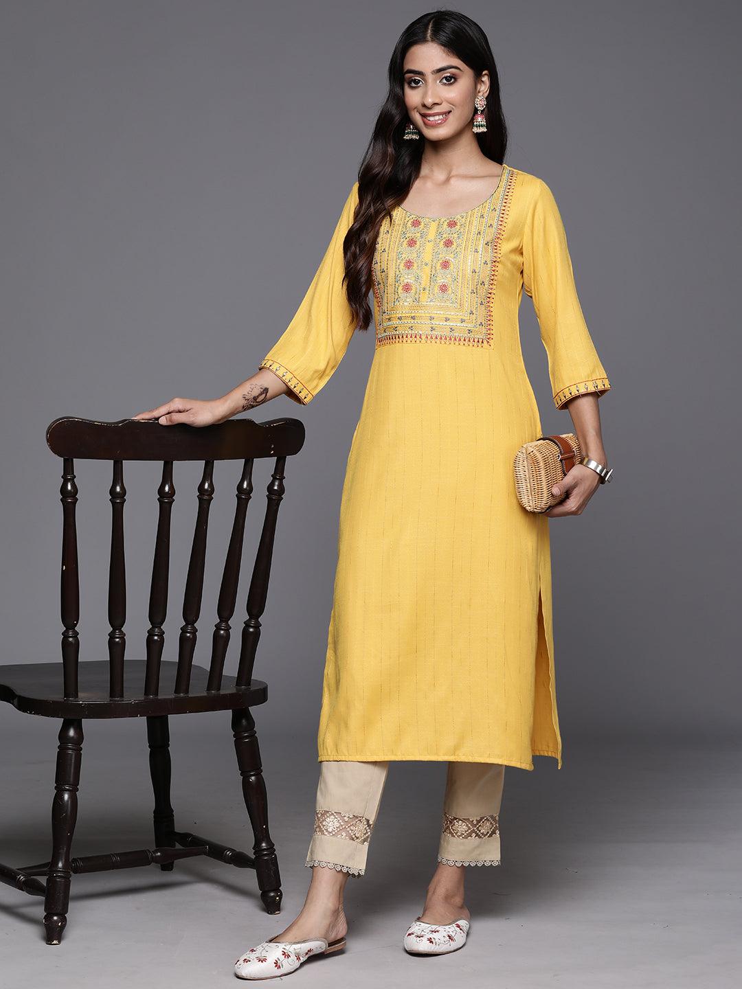 Yellow Yoke Design Rayon Straight Kurta - ShopLibas