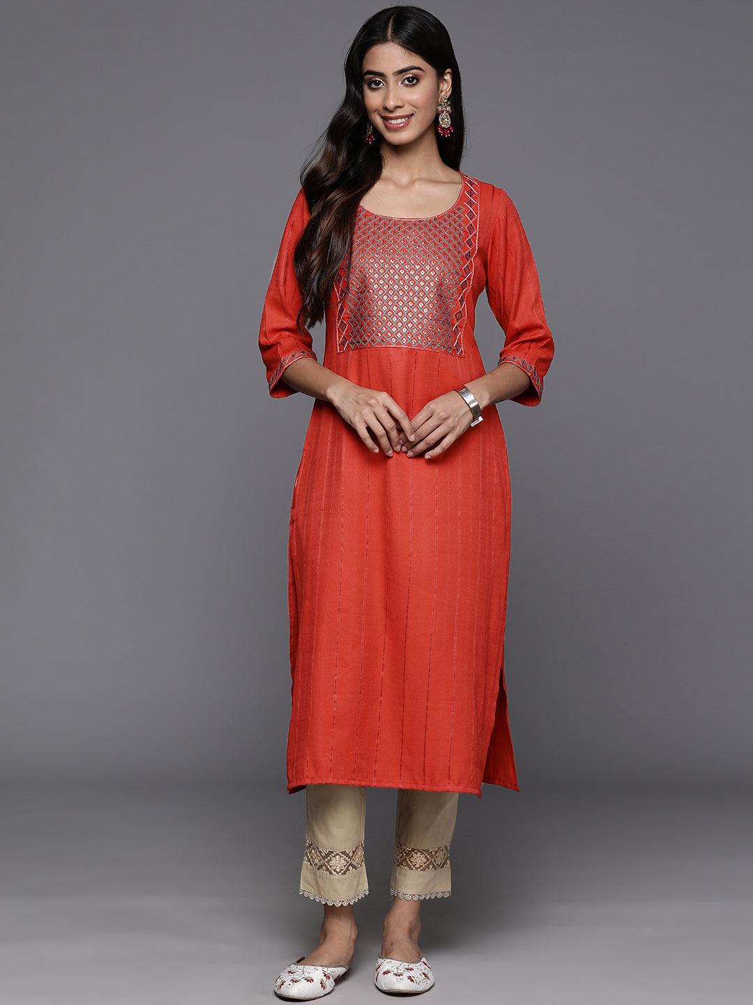 Rust Yoke Design Rayon Straight Kurta - ShopLibas 