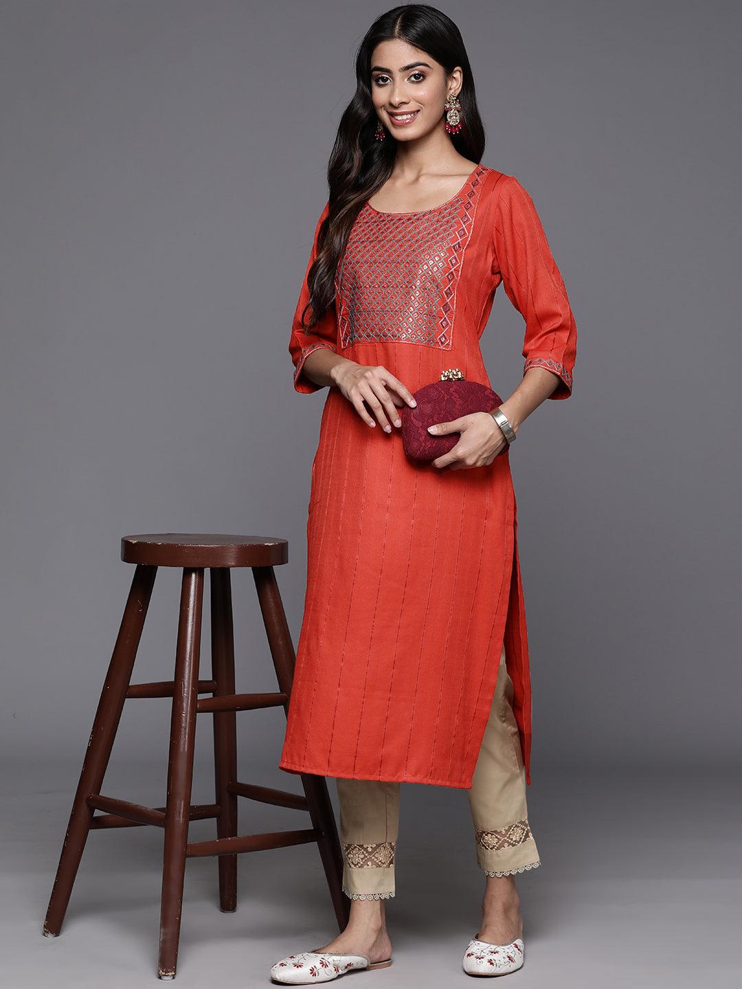 Rust Yoke Design Rayon Straight Kurta - ShopLibas