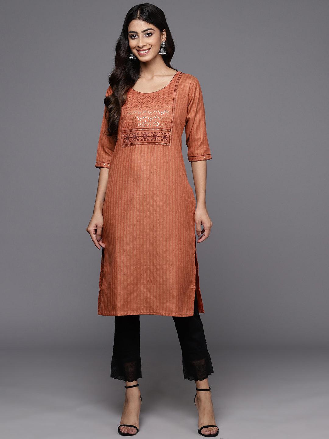 Rust Yoke Design Cotton Straight Kurta - ShopLibas
