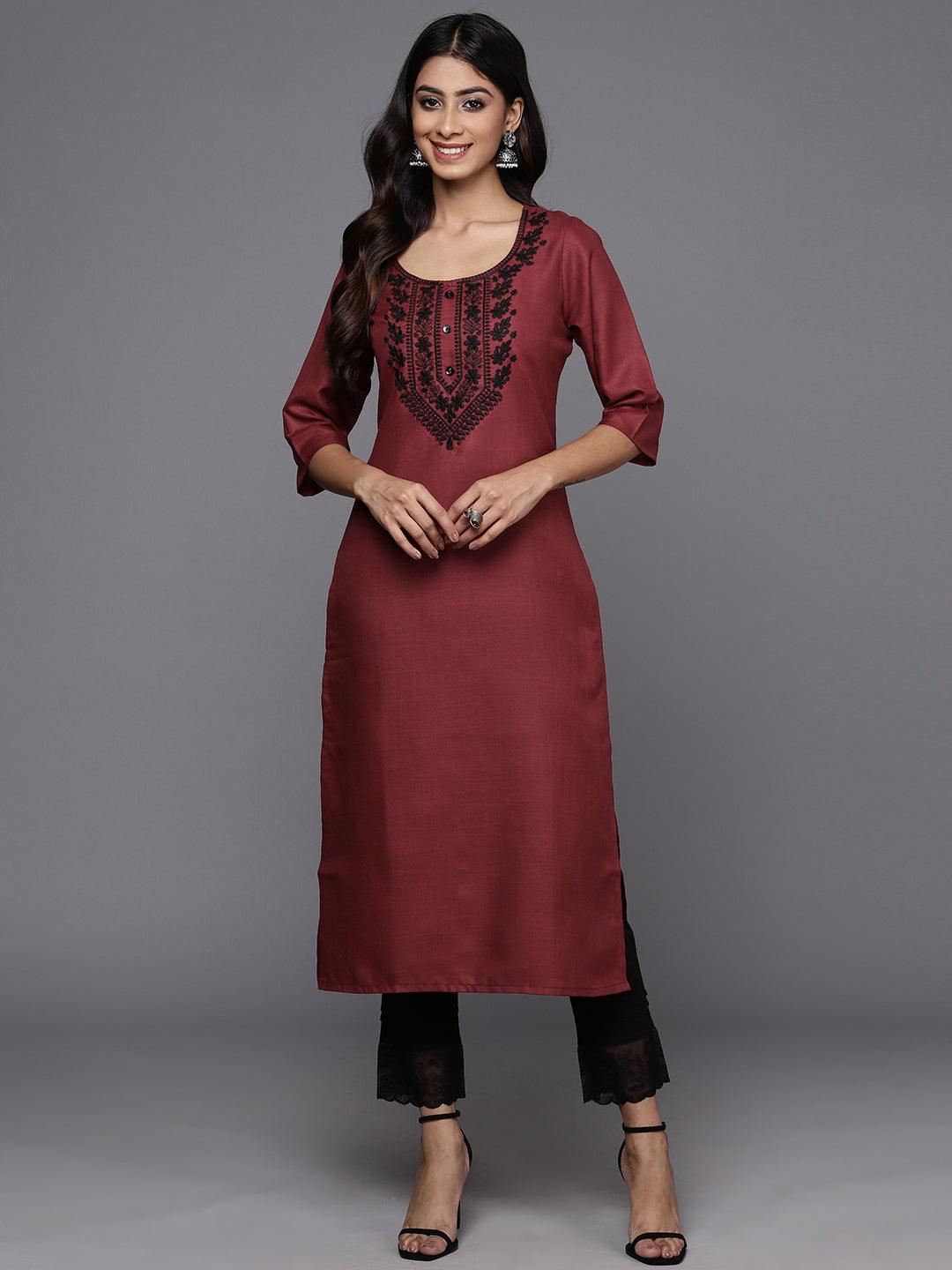 Maroon Yoke Design Cotton Straight Kurta - ShopLibas