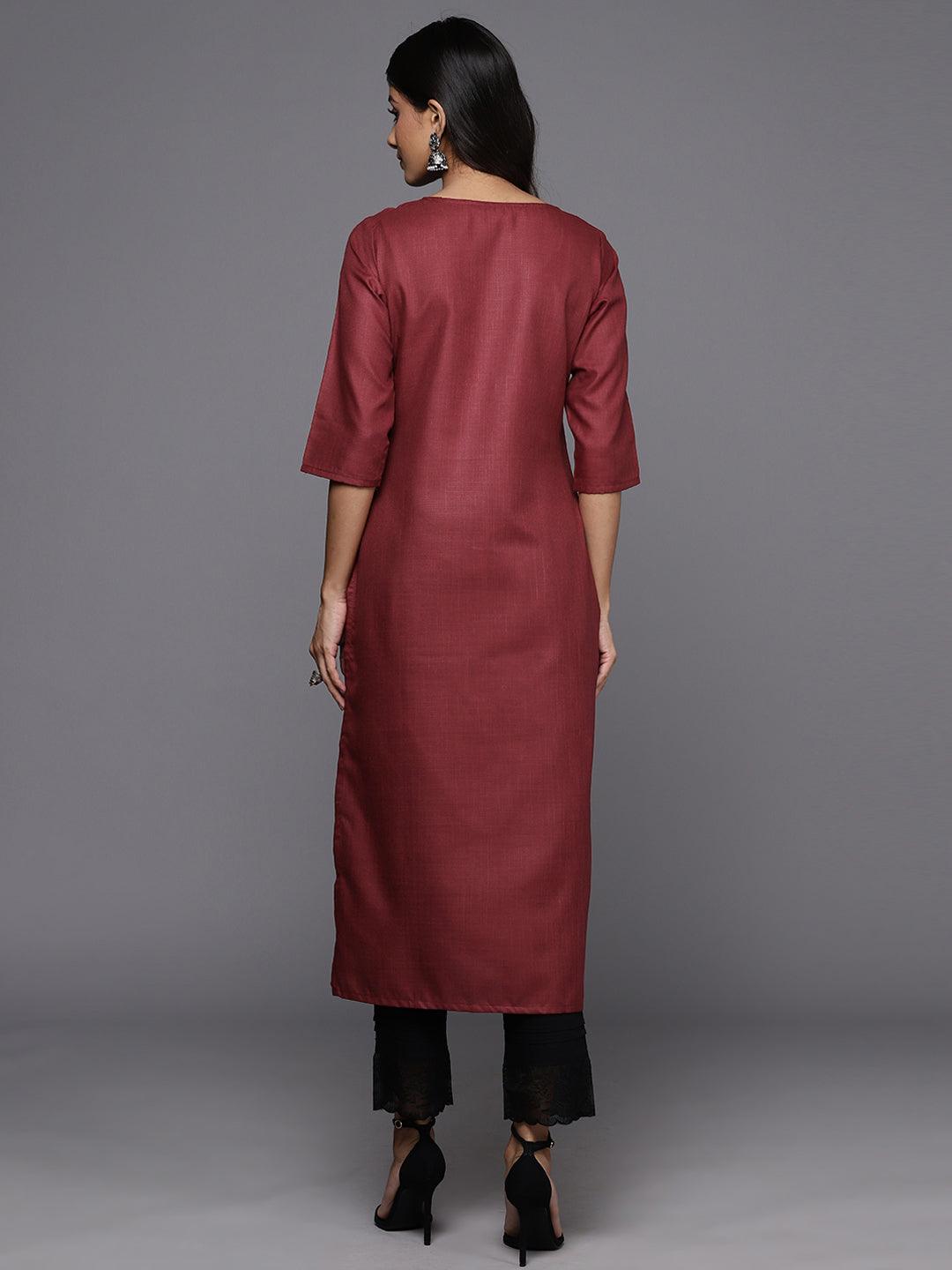 Maroon Yoke Design Cotton Straight Kurta - ShopLibas 