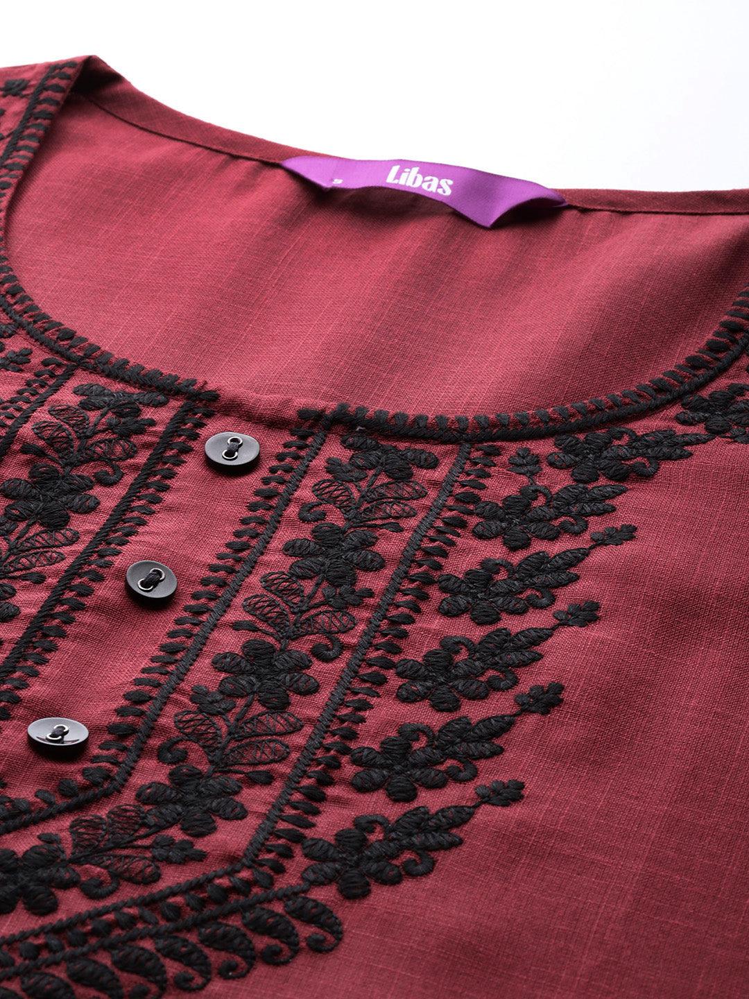 Maroon Yoke Design Cotton Straight Kurta - ShopLibas 