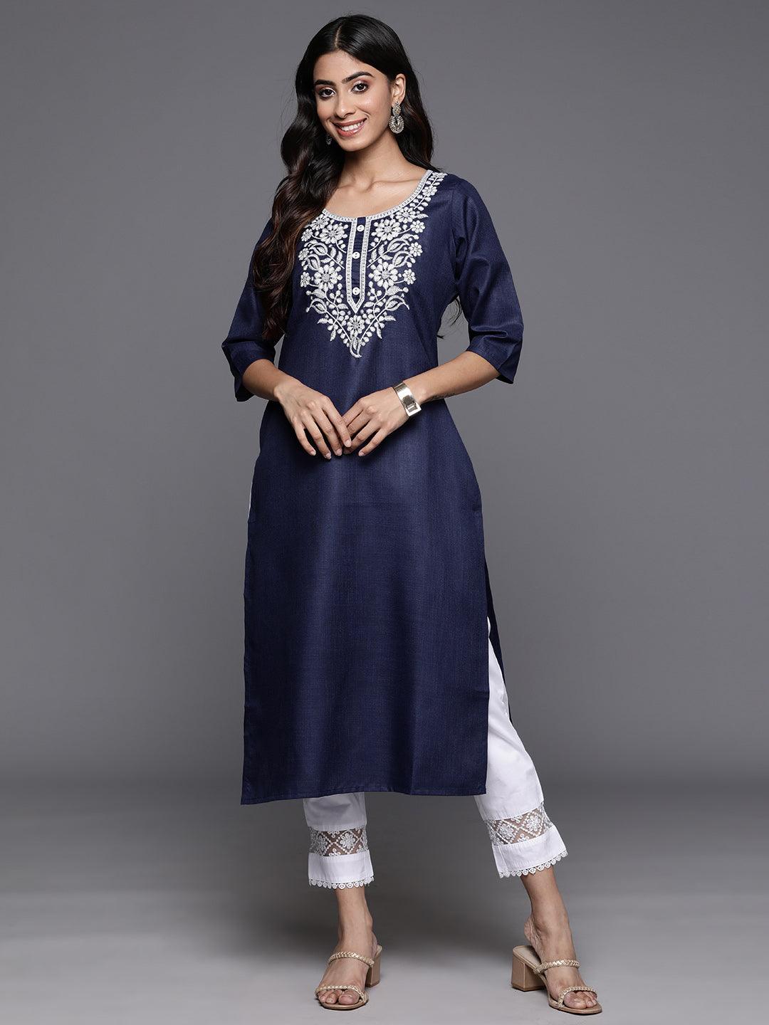 Navy Yoke Design Cotton Straight Kurta - ShopLibas