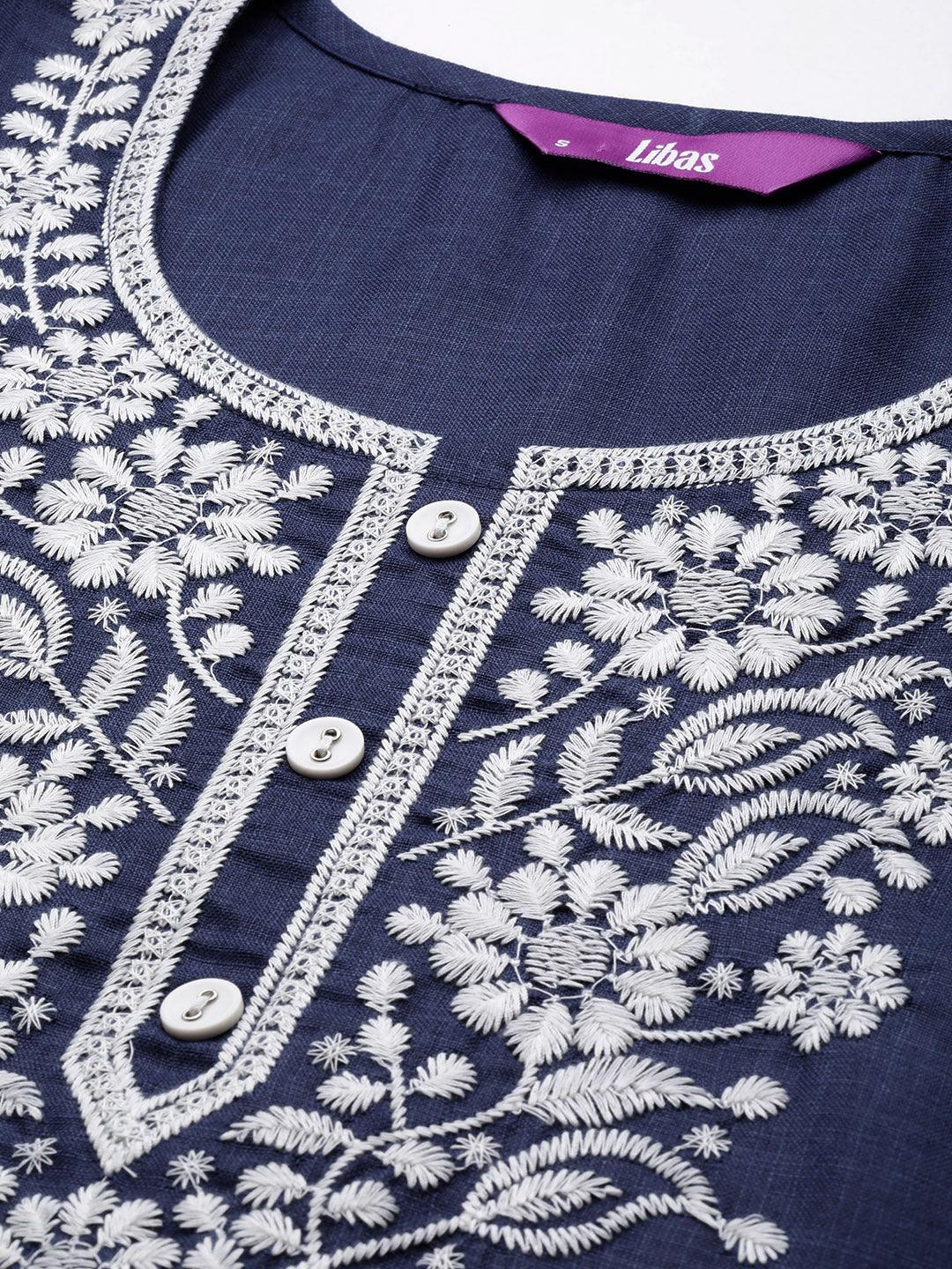 Navy Yoke Design Cotton Straight Kurta - ShopLibas 