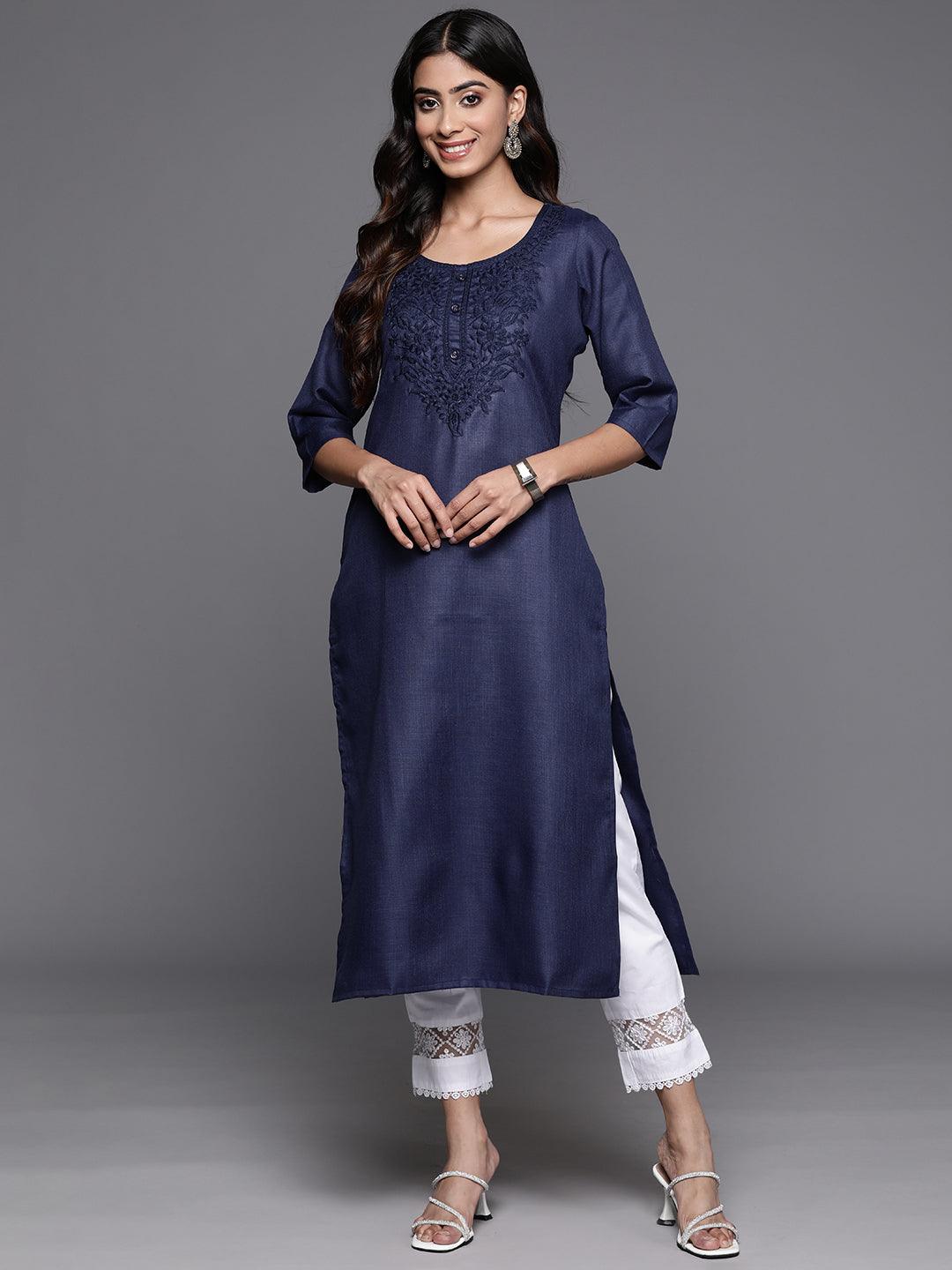 Navy Yoke Design Cotton Straight Kurta - ShopLibas 