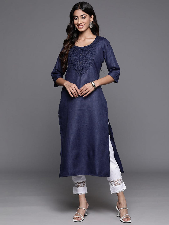 Navy Yoke Design Cotton Straight Kurta