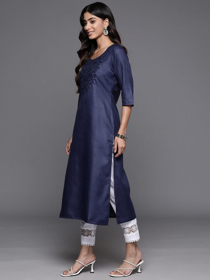 Navy Yoke Design Cotton Straight Kurta