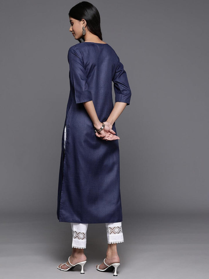 Navy Yoke Design Cotton Straight Kurta