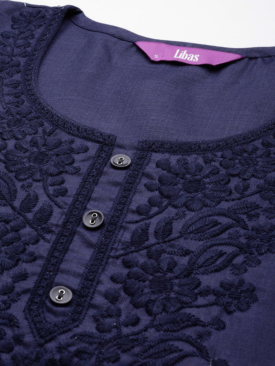 Navy Yoke Design Cotton Straight Kurta - ShopLibas 