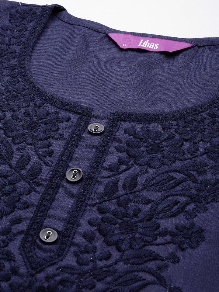 Navy Yoke Design Cotton Straight Kurta