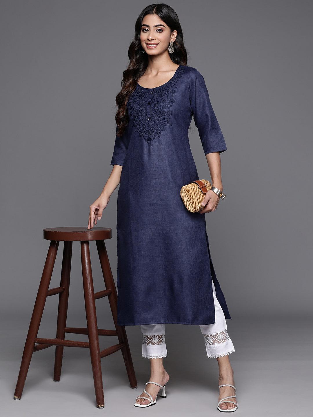 Navy Yoke Design Cotton Straight Kurta - ShopLibas