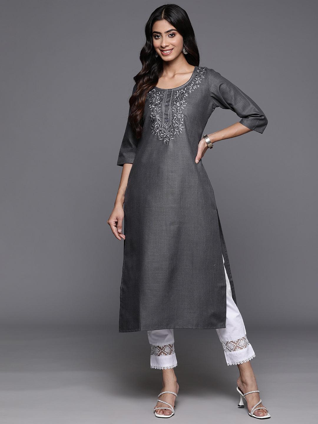 Grey Yoke Design Cotton Straight Kurta - ShopLibas