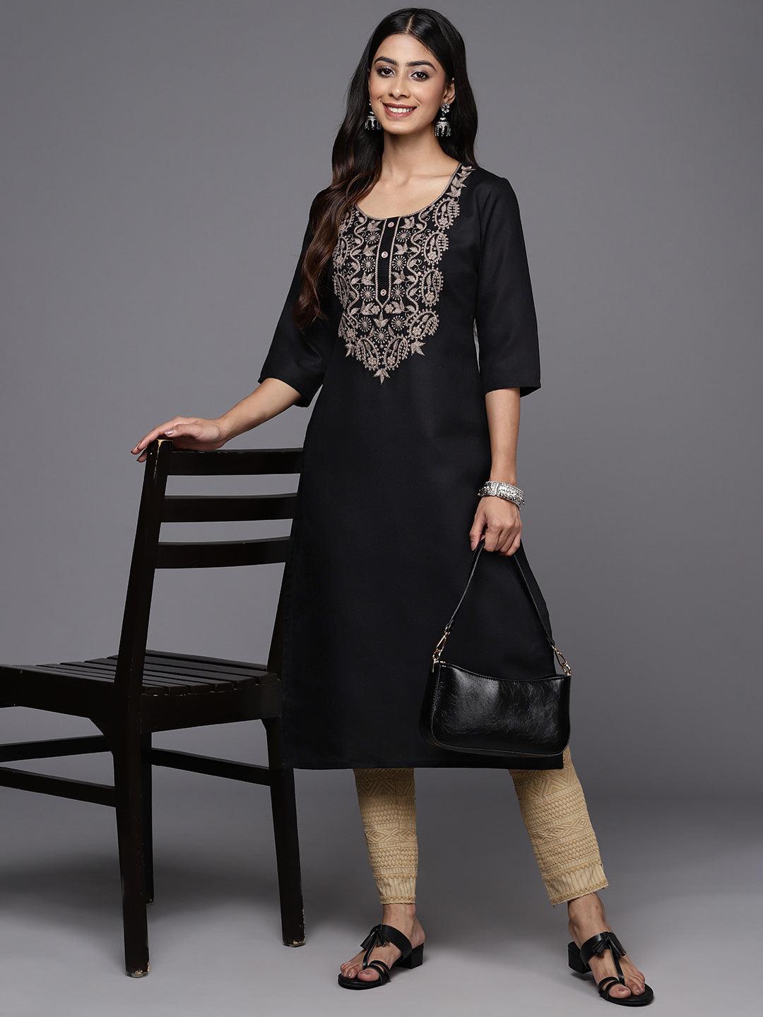 Black Yoke Design Cotton Straight Kurta - ShopLibas
