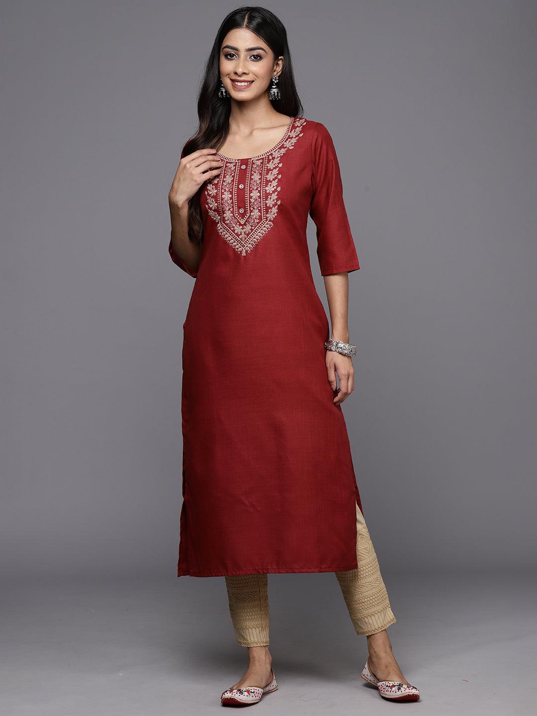 Maroon Yoke Design Cotton Straight Kurta - ShopLibas 