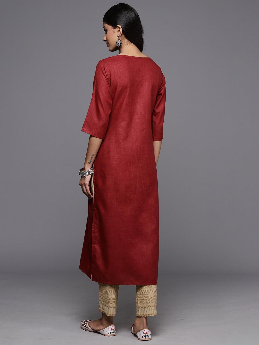 Maroon Yoke Design Cotton Straight Kurta - ShopLibas 