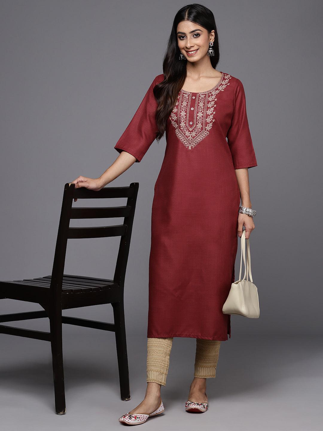 Maroon Yoke Design Cotton Straight Kurta - ShopLibas