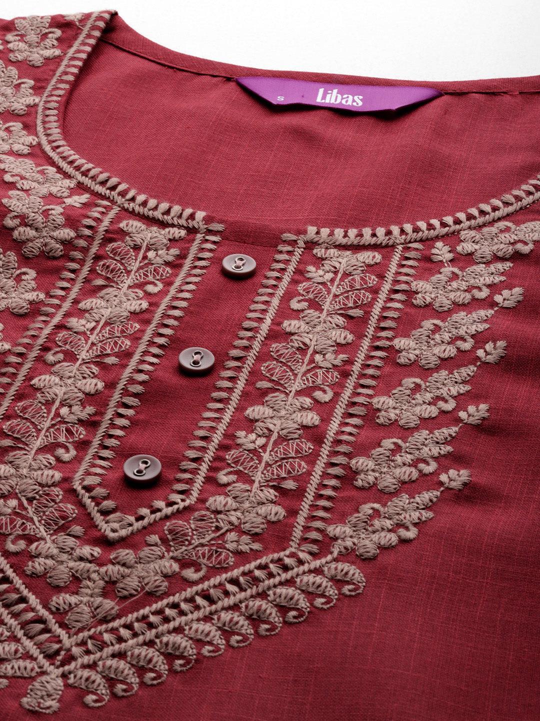 Maroon Yoke Design Cotton Straight Kurta - ShopLibas 