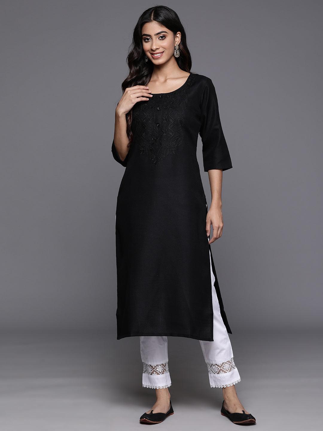 Black Yoke Design Cotton Straight Kurta - ShopLibas