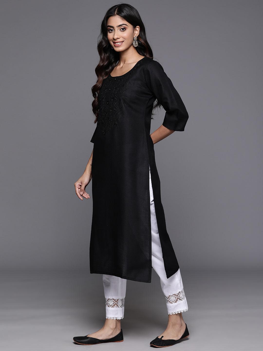 Black Yoke Design Cotton Straight Kurta - ShopLibas