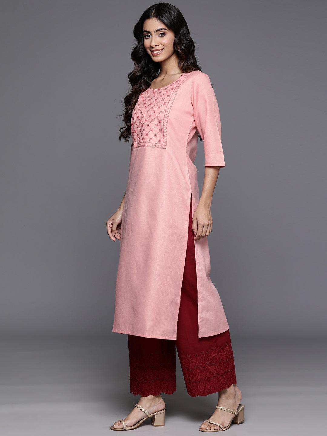 Peach Yoke Design Cotton Straight Kurta - ShopLibas 