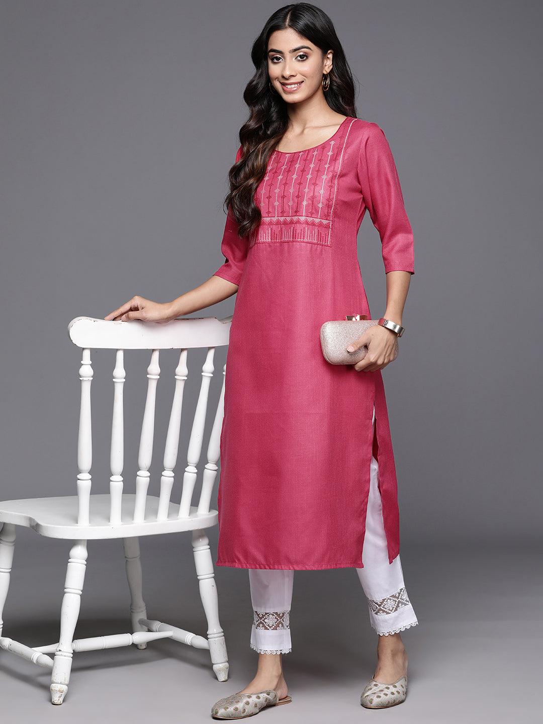 Pink Yoke Design Cotton Straight Kurta - ShopLibas 