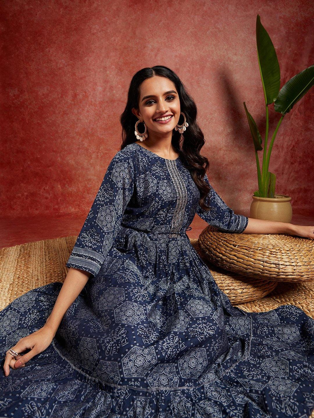 Blue Printed Silk Blend Fit and Flared Dress - ShopLibas