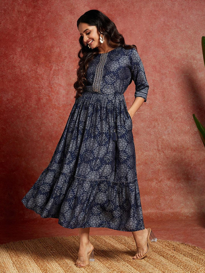 Blue Printed Silk Blend Fit and Flared Dress - ShopLibas