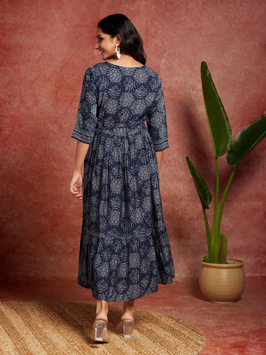 Blue Printed Silk Blend Fit and Flared Dress - ShopLibas