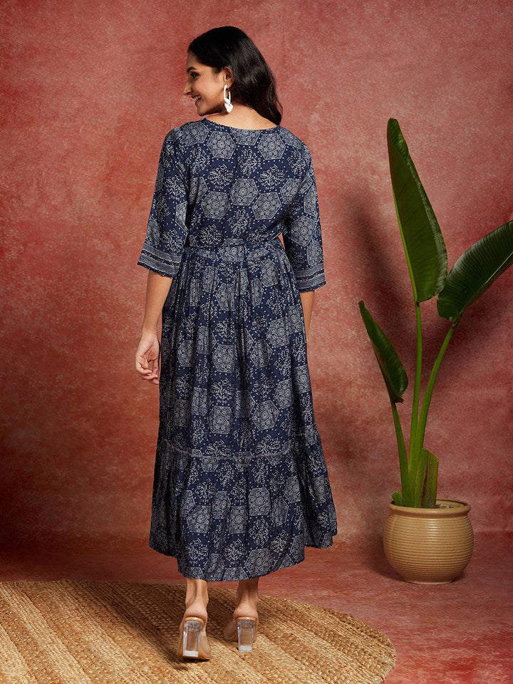 Blue Printed Silk Blend Fit and Flared Dress - ShopLibas