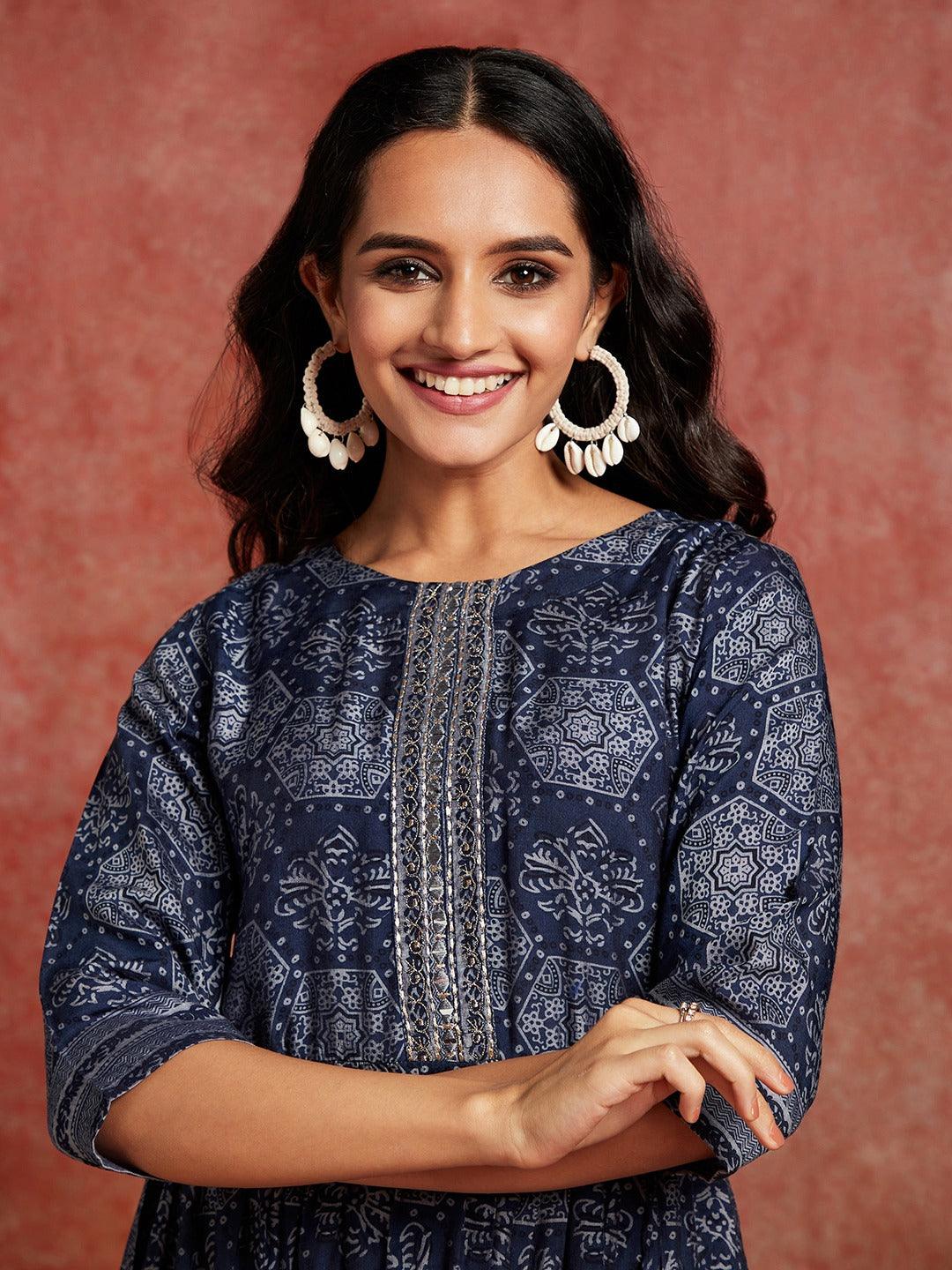 Blue Printed Silk Blend Fit and Flared Dress - ShopLibas