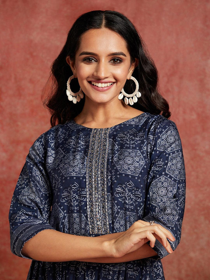 Blue Printed Silk Blend Fit and Flared Dress - ShopLibas