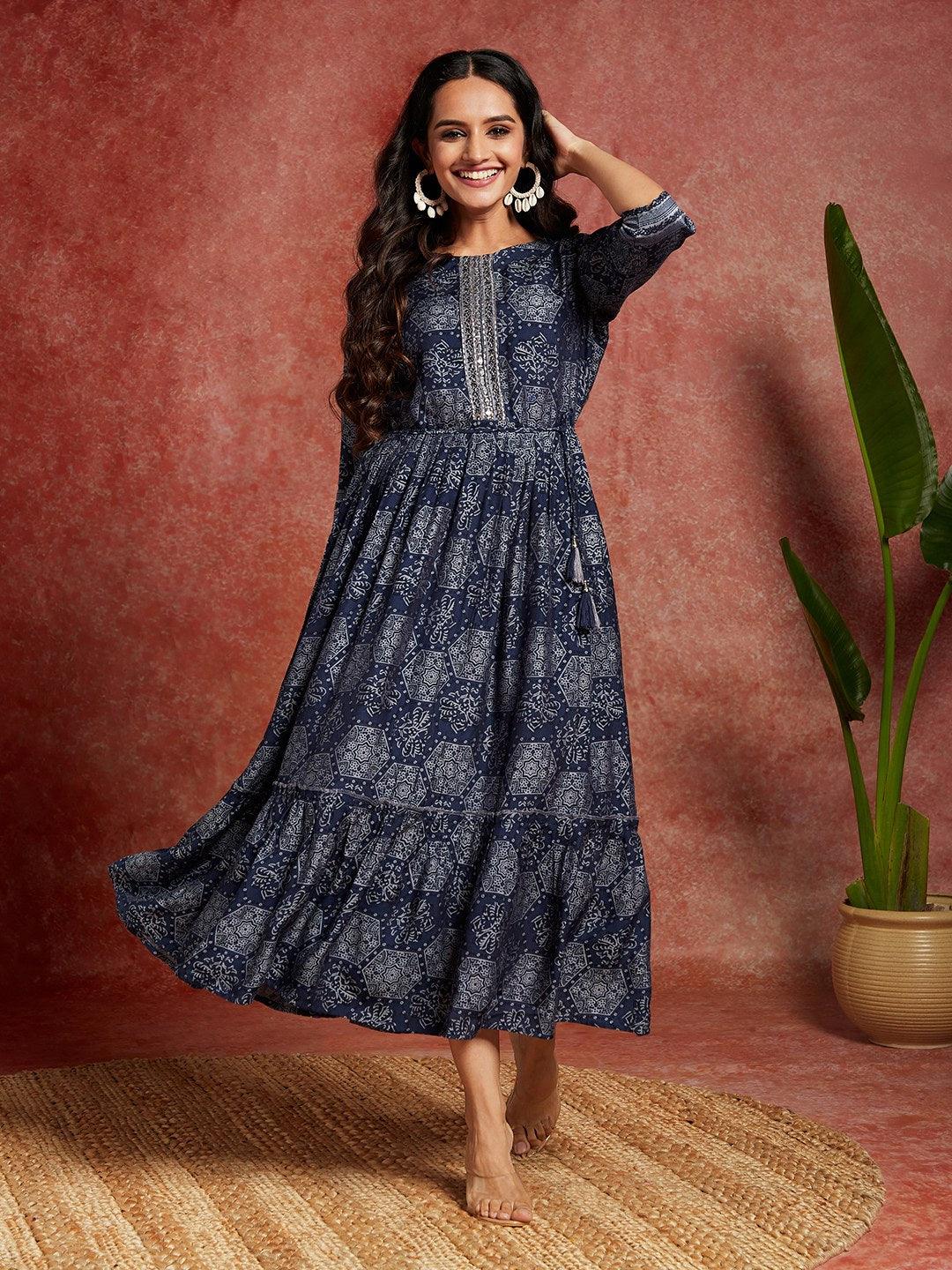 Blue Printed Silk Blend Fit and Flared Dress - ShopLibas